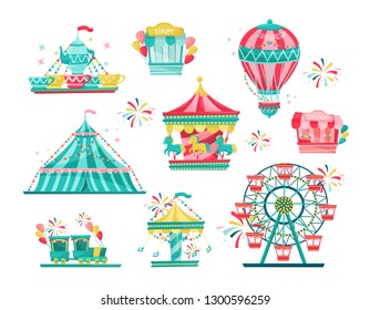 Flat vector set of amusement park equipment. Carnival carousels, ticket booth and ice-cream stall. Entertainment theme