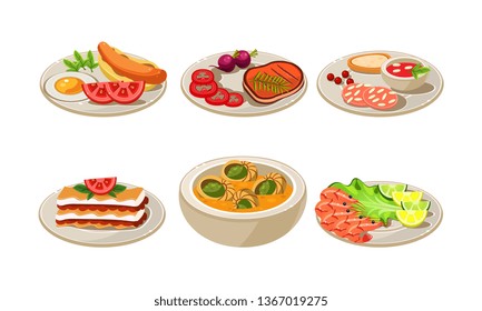 Flat vector set of appetizing dishes. Plates with tasty food for breakfast and dinner. Cooking theme