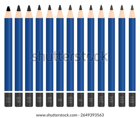 Flat vector set of artist-grade wooden pencils labeled EE to 8H, ideal for sketching and technical drawing.