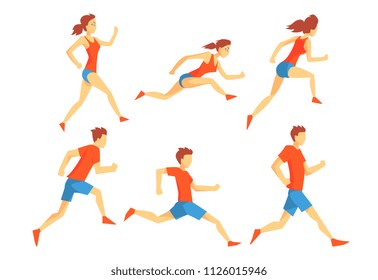 Flat vector set of athletes in running action. Man and woman in sportswear. Professional runners. Active lifestyle