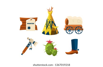 Flat vector set of attributes of wild west. Cowboy s boot, wigwam, green cactus, wooden board with wanted poster and carriage