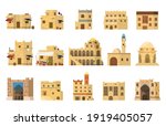 Flat Vector Set Of Authentic Traditional Arabian Mud Brick Houses. Islamic Architecture. Isolated On White.