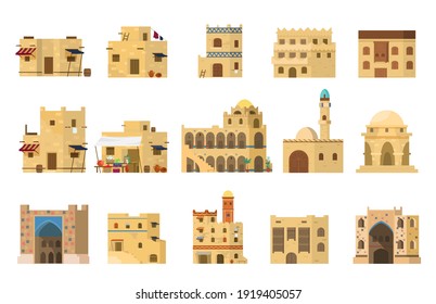 Flat Vector Set Of Authentic Traditional Arabian Mud Brick Houses. Islamic Architecture. Isolated On White.