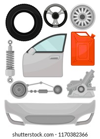 Flat vector set of automobile parts. Door, front bumper, steering wheel, tire, shock absorber. Elements for car repair service