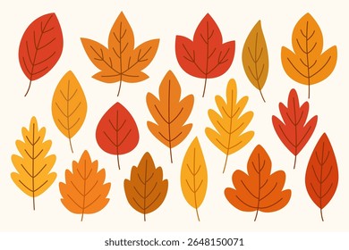 Flat Vector Set of Autumn Leaves from Various Trees – Hand Drawn Fall Foliage for Thanksgiving Cards, Hello Autumn Designs, and Nature-Themed Projects
