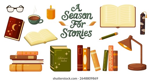 Flat vector set with autumn reading elements such as book stacks, open book, glasses, steaming coffee, cozy candle, pencil, desk lamp, and lettering. Perfect for fall, education, and storytelling.