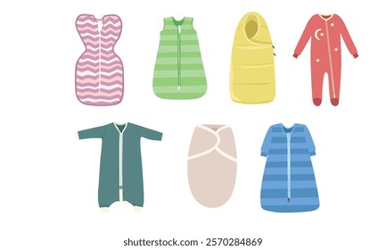 Flat vector set of baby swaddle, baby sleeping bag, sleep sack, sleepsuit in cartoon style isolated on white background. Baby clothes for sleeping and playing both for girl and boy. Baby element