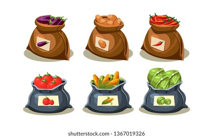 Flat vector set of bags full of fresh vegetables. Ripe eggplant, potato, hot chili pepper, tomato, corn and cabbage