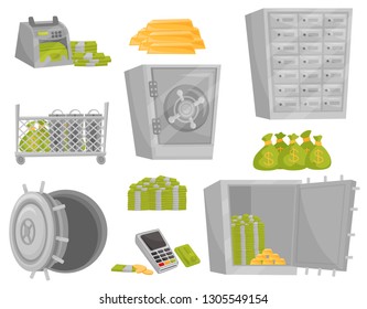 Flat vector set of bank icons. Banknote counter, gold bars, bags of money, safe door, deposit boxes. Financial theme