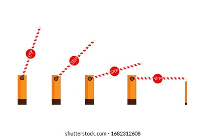 Flat vector set of barriers on a white background. Different barriers: open and closed. Border post. Automatic barrier with a stop sign.
