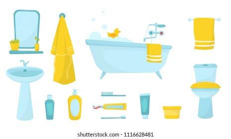 Flat vector set of bathroom items. Bath with foam and rubber duck, bathrobe and towel, cosmetics for skin care and personal hygiene