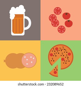 Flat vector set with beer glass, sausage, tomato and pizza. EPS 10