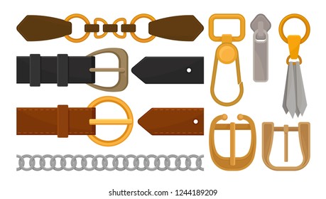 Flat vector set of belt elements. Stylish leather male and female waistbands, metal and golden accessories