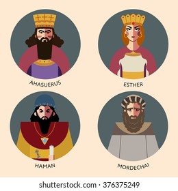 Flat vector set, bible icons characters for Jewish Religion Holiday Purim, puppets with costumes, traditional symbols, Haman, Mordechai, Queen Esther and Persian King Ahasuerus, The scroll of Esther