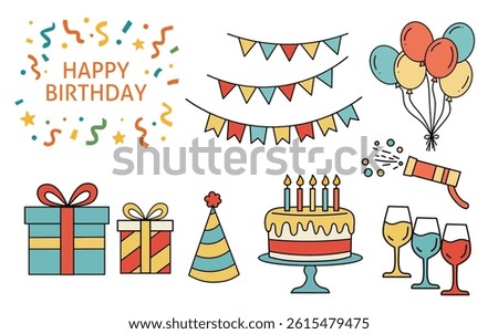 Flat vector set of birthday celebration elements including cake, balloons, confetti, presents, bunting flags, party hats, and drinks. Perfect for greeting cards, invitations, and festive designs.