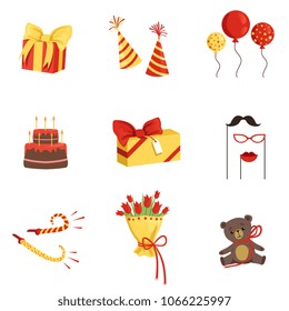 Flat vector set of birthday party elements. Gifts, cone hats, glossy balloons, cake with candles, horns, bouquet of tulips, plush bear, mustache, glasses and lips on sticks