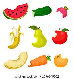 Flat vector set of bitten fruits and vegetables. Natural and tasty food. Healthy nutrition. Design for poster, banner or product packaging