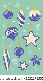 flat vector set of blue Christmas tree decorations on blue background with snowflakes