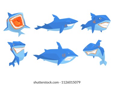 Flat vector set of blue shark in different poses. Marine animal with sharp teeth and big fin on back. Elements for mobile game