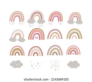 Flat vector set of boho rainbows and cloud isolated on white backgrond. Nursery baby scandinavian decorations. Hand drawn color arc collection. Cartoon vector illustration 