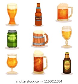 Flat vector set of bottles, glasses and mugs of beer. Alcoholic beverage. Elements for promo poster or banner of brewery