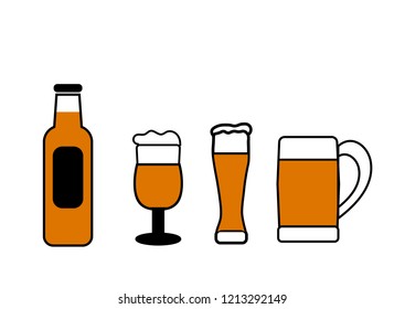 Flat vector set of bottles, glasses and mugs of beer. Alcoholic beverage. Elements for promo poster or banner of brewery