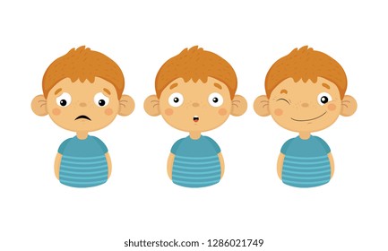 Flat vector set of boy character showing different emotions. Upset, surprised and smiling face with winking eye