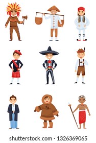 Flat vector set of boys in national costumes of different countries. Smiling kids in various traditional clothes