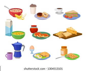 Flat vector set of breakfast icons. Tasty food and drink. Delicious morning meal. Nutrition theme