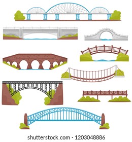 Flat vector set of brick, iron, wooden and stone bridges. Landscape elements. Architecture and city construction theme