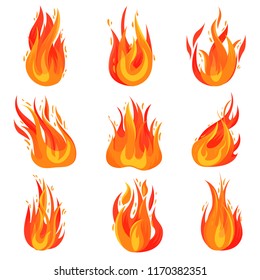 Flat vector set of bright red-orange fires. Hot blazing flames. Burning campfires. Cartoon symbol of danger