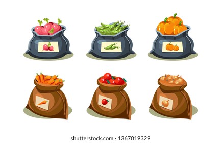 Flat vector set of burlap bags with vegetables and fruits. Organic food. Crop from farm