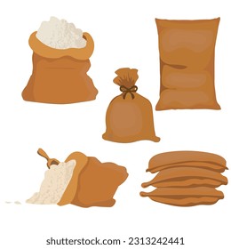 Juego plano vectorial de bolsas de burpón con arroz o harina. Grandes bolsas textiles. Producto agrícola. Elementos para afiche promocional o banner.