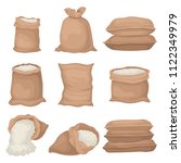 Flat vector set of burlap sacks with rice or flour. Large textile bags. Agricultural product. Elements for promo poster or banner