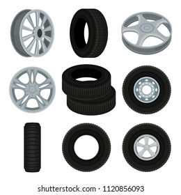 Flat vector set of car disks and tires. Alloy wheels. Elements for advertising banner or poster of auto service or shop