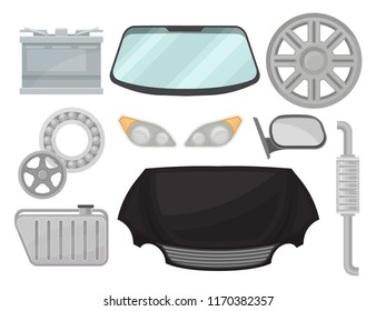 Flat vector set of car parts. Power battery, windshield, exhaust pipe, rear view mirror, titanium rim