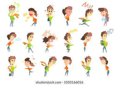 Flat vector set with cartoon boy and girl showing various emotions. Thoughtful, laughter, fear, anger, arrogance, happiness, joy, confidence, surprise, confusion