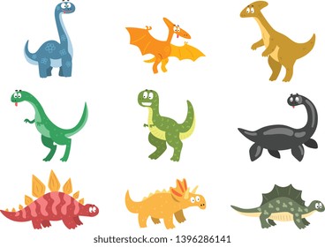 Flat vector set of cartoon dinosaurs. Funny animals of Jurassic period. Elements for postcard, children book, sticker or mobile game