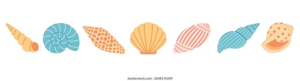 Vetor plano conjunto ilustração cartoon de conchas marinhas coloridas em vários formatos e padrões. Para o verão, marinho, férias, praia, cartão, mar, projeto do oceano. Fundo branco isolado.