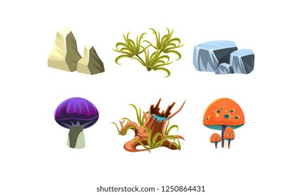 Flat vector set of cartoon landscape elements for fantasy mobile game. Stones, green grass, tree stump and mushrooms