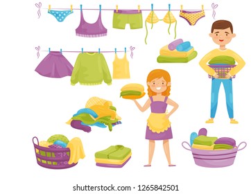 Flat vector set of cartoon laundry icons. Clean clothes on ropes, baskets with dirty garment, smiling housewife and boy