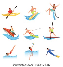 Flat vector set of cartoon people characters involved in extreme water sports. Young women and men. Active summer recreation