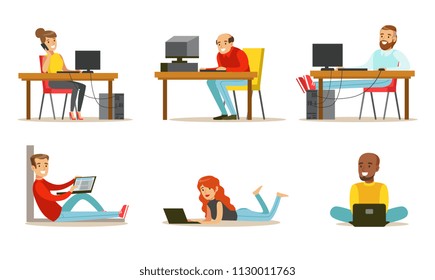 Flat vector set of cartoon peoples with laptops and computers. Men and women working in internet, playing video games or chatting