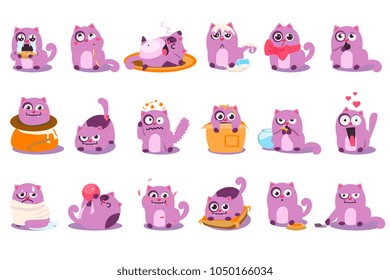 Flat vector set of cartoon purple kitten in different situations. Cartoon character of funny emotion cat. Happy, surprised, sad, sleeping, crying, playful, angry, enamored, satisfied, pensive. Flat