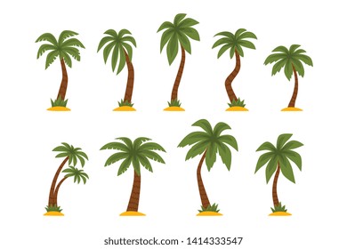 Flat vector set of cartoon tropical palms. High trees with long green leaves and brown trunks. Elements for mobile game or print
