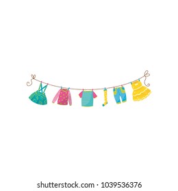 Flat vector set of children s clothes on rope skirt with braces, sweater, t-shirt, sock, blue jeans and fluffy dress. Garment for toddler girl. Stylish kids apparel. Baby fashion