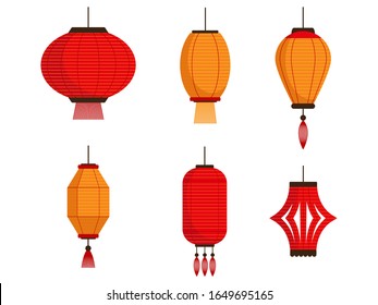 Flat vector set of chinese lanterns. Paper lanterns isolated on white background. Classic Asian lanterns.