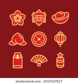 Conjunto plano de vectores de elementos de celebración del año nuevo chino. Colección de iconos del año nuevo lunar