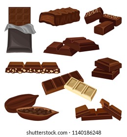 Flat vector set of chocolate products. Candies, pieces of bars and cacao bean full of seeds. Sweet food. Elements for poster or banner of candy shop