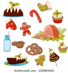 Flat vector set of Christmas food and drinks. Appetizing ham, homemade cakes, pretzels, candy cane, milk, cookies and cupcakes
